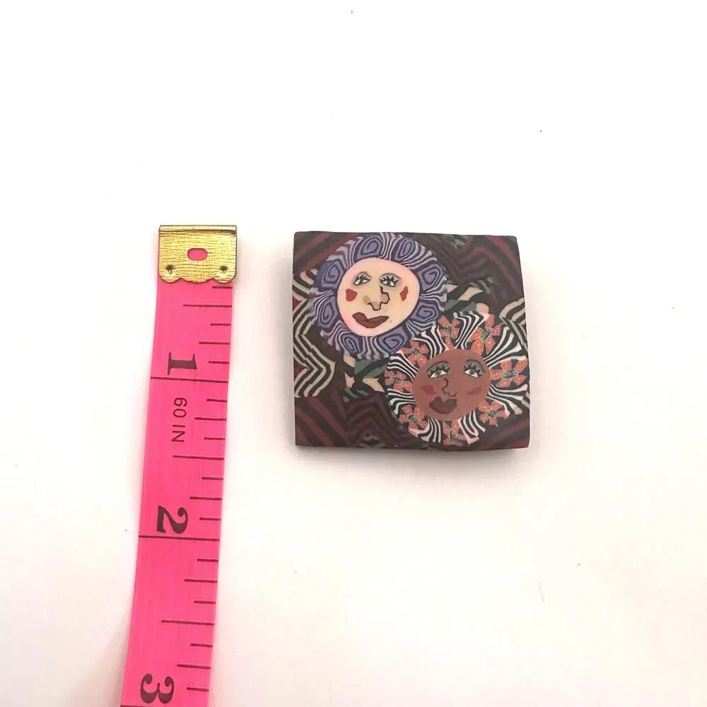 Celestial Painted Wood Pin Square Brooch Sun Flower Face Artisan Artsy Vintage